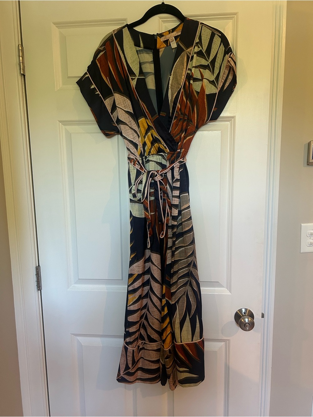 Hutch Satin Navy Tropical Print Wrap Jumpsuit with Belt